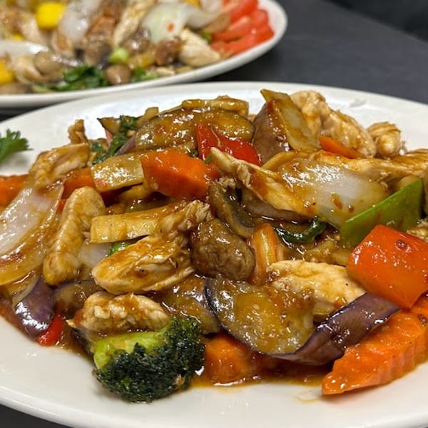 Stir-fried chicken with broccoli, carrots, eggplant, and onions in a savory sauce on a white plate.